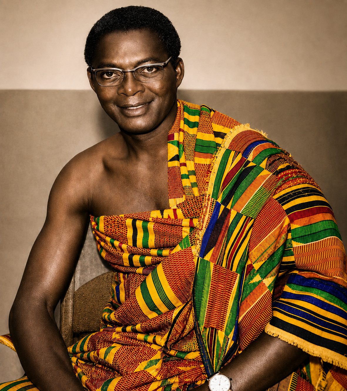 Seated in vibrant kente — a portrait of dignity
